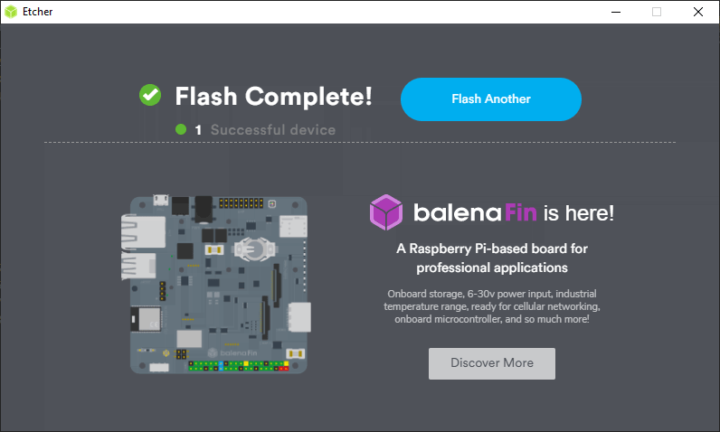 Balena Etcher program window, flashing complete