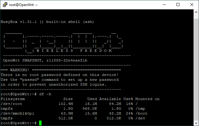 viewing the OpenWRT root partition size via ssh