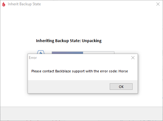 Backblaze error code 'horse' dialog prompt