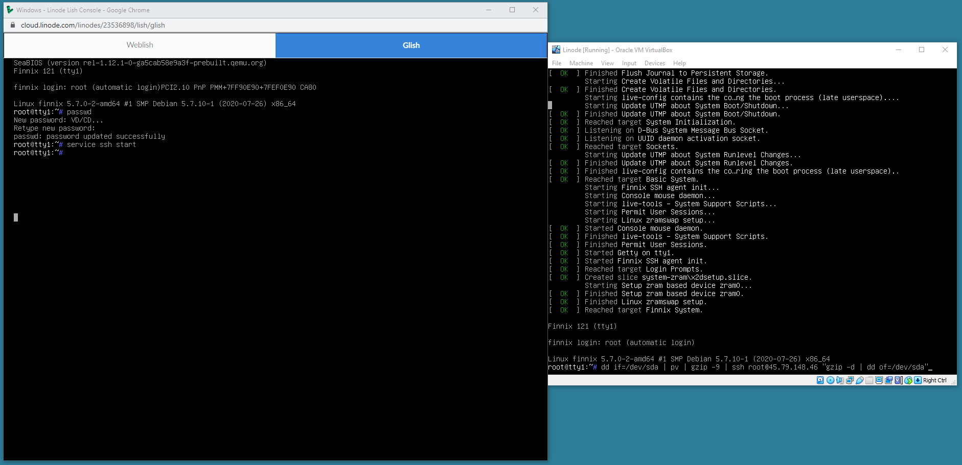 Starting the Windows transfer from VirtualBox to Linode