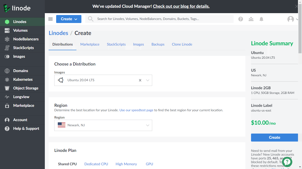 Creating a Linode VM from the web UI
