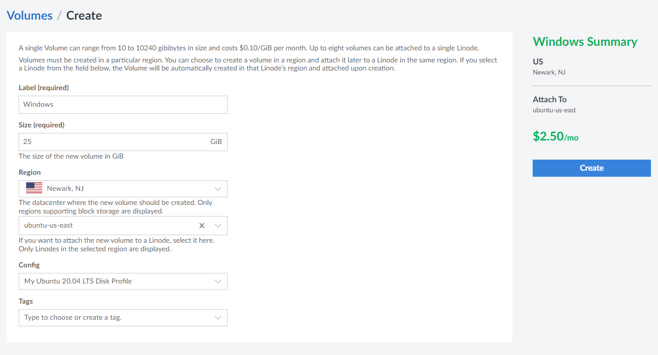 Creating a Linode volume from the web UI