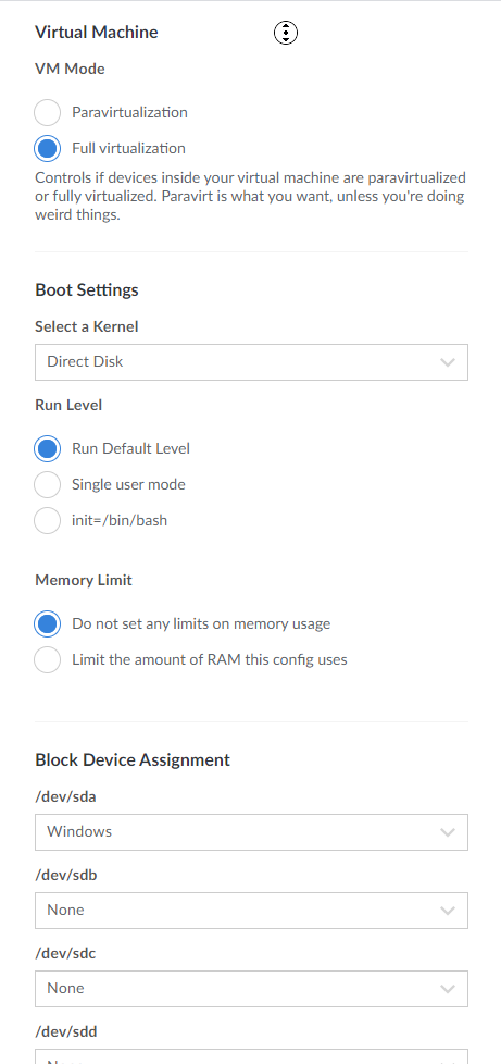 Creating the Windows boot configuration from the Linode web UI